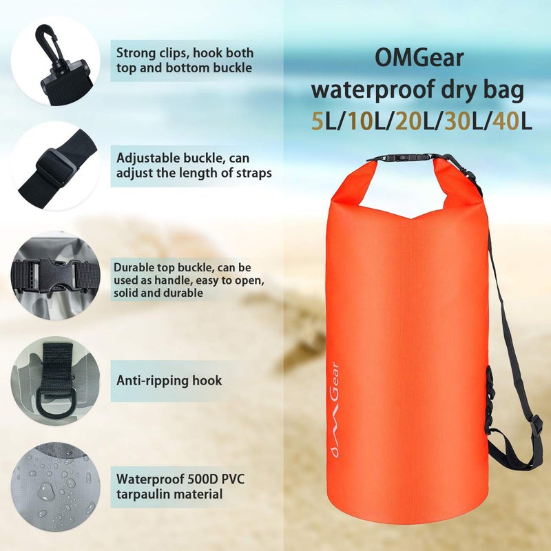 OMGear Waterproof Dry Bag Backpack Waterproof Phone Pouch 40L/30L/20L/10L/5L Floating Dry Sack For Kayaking Boating Sailing Canoeing Rafting Hiking Camping Outdoors Activities (Orange2, 20L) - Image 3